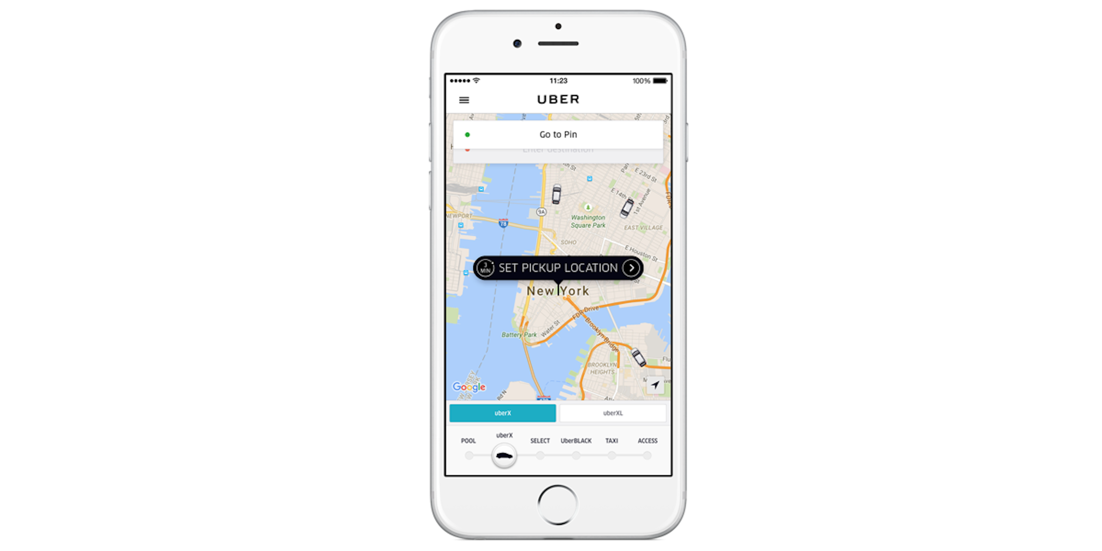 Uber app pickup location screen on iPhone