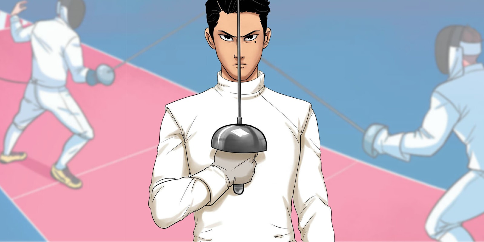 Young man holding epee in front of fencers