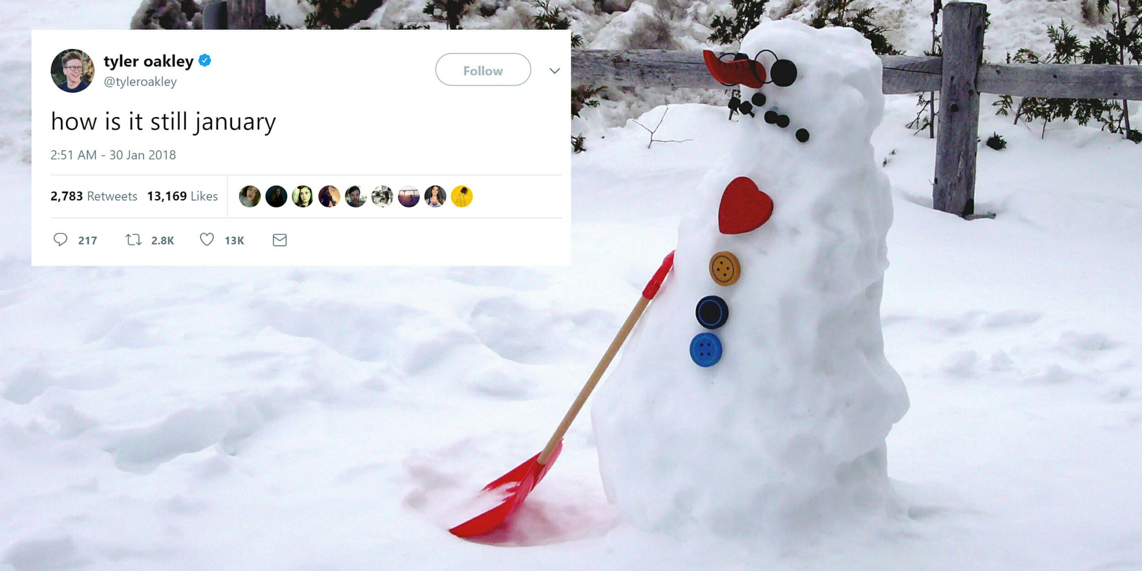 Sad snowman with 'how is it still january' tweet