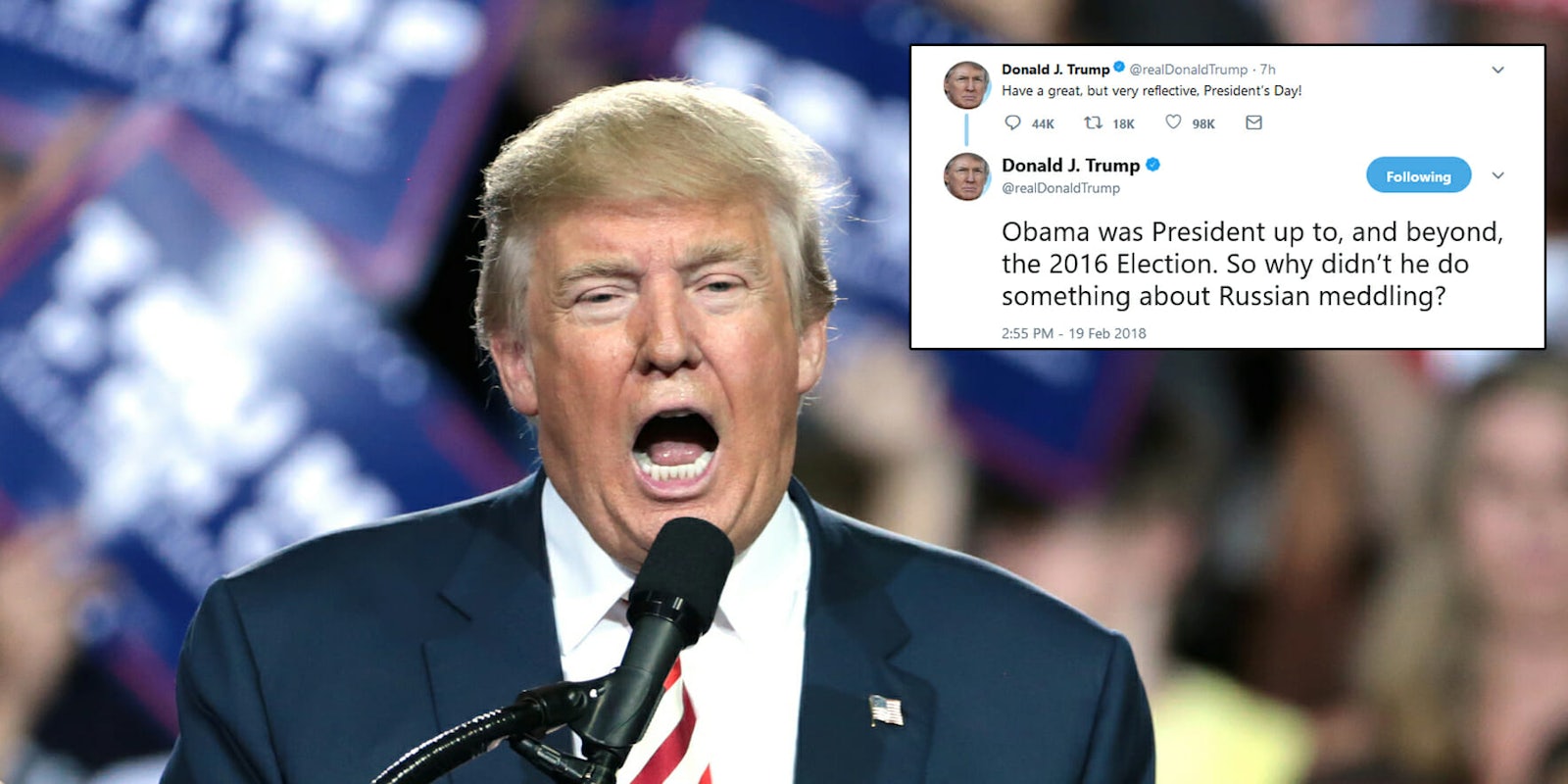 President Donald Trump followed up his seemingly innocuous tweet about Presidents' Day by openly questioning former President Barack Obama's response to Russia's meddling in the 2016 presidential election.