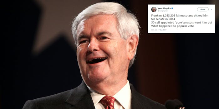 Newt Gingrich tweeted about Sen. Al Franken and the 'popular vote' prevailing on Thursday morning and people didn't know where to start with criticizing it.