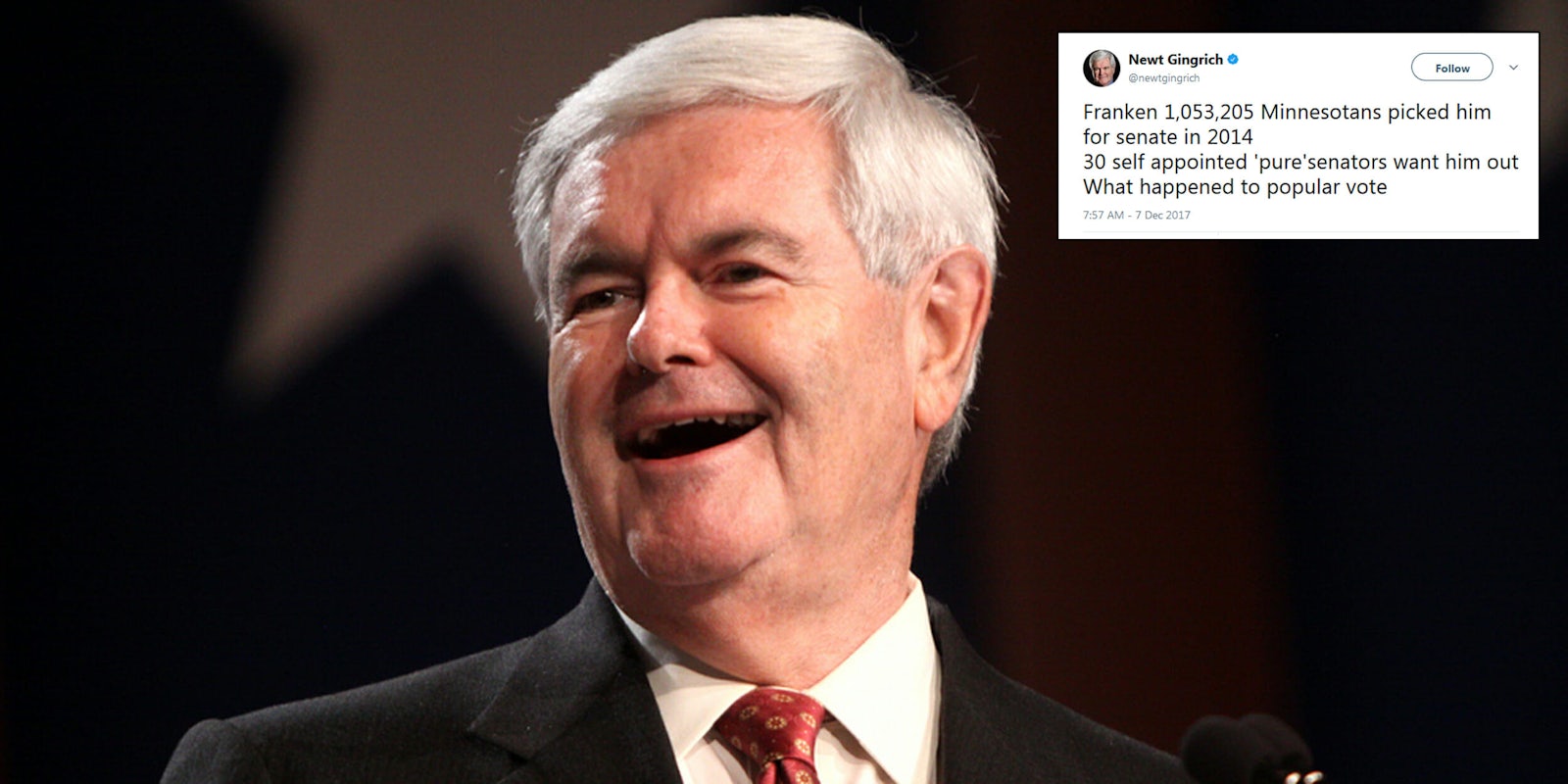 Newt Gingrich tweeted about Sen. Al Franken and the 'popular vote' prevailing on Thursday morning and people didn't know where to start with criticizing it.
