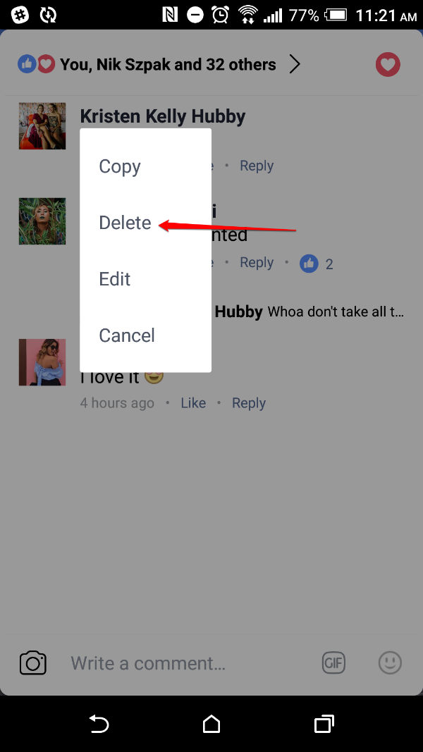 delete comment on facebook