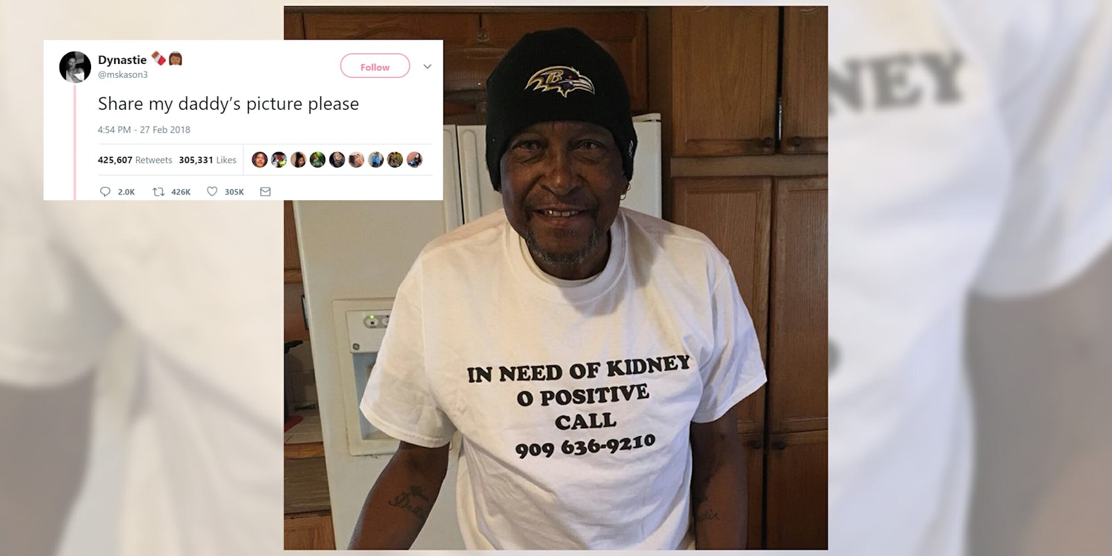 Man wearing 'In need of kidney, o positive' t-shirt