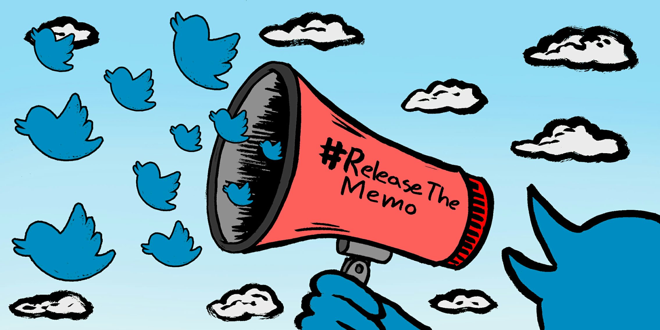 Twitter bird holding megaphone that says #ReleaseTheMemo