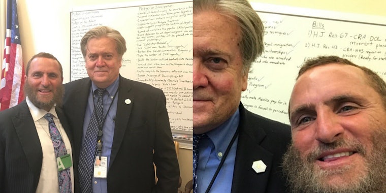 Photos of White House Chief Strategist Steve Bannon with Trump Administration Goals in the Background