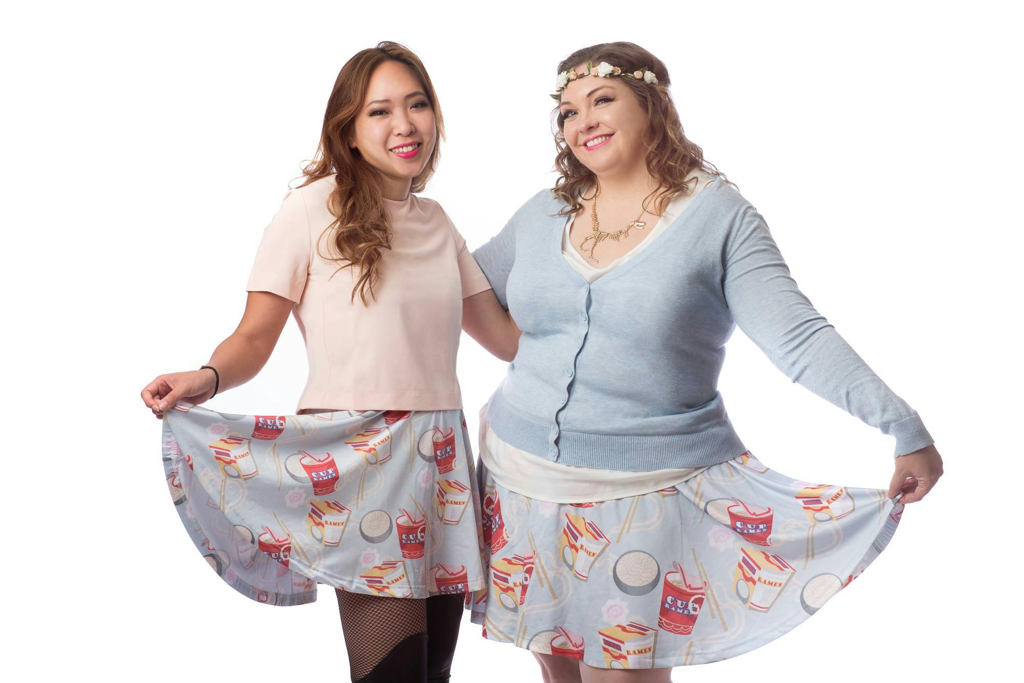 Owners Victoria Ying (left) and Georgia Kicklighter (right) wearing Lace and Lore's Insta-Ramen skirts.