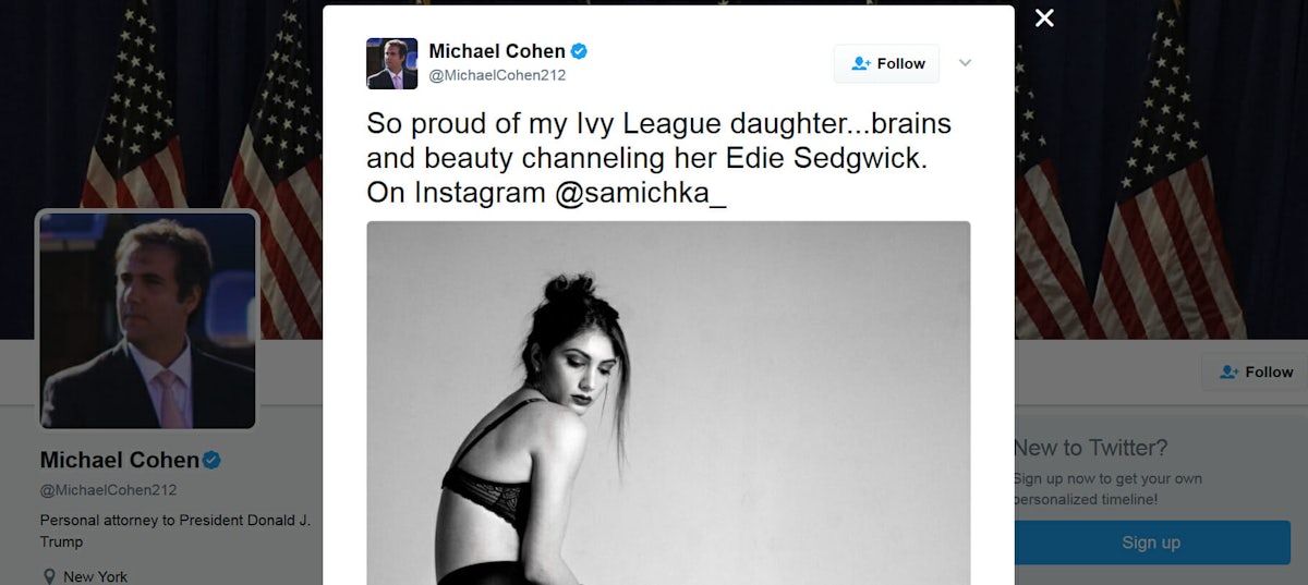 President Donald Trump's attorney Michael Cohen tweeted a photo of his daughter in lingerie.