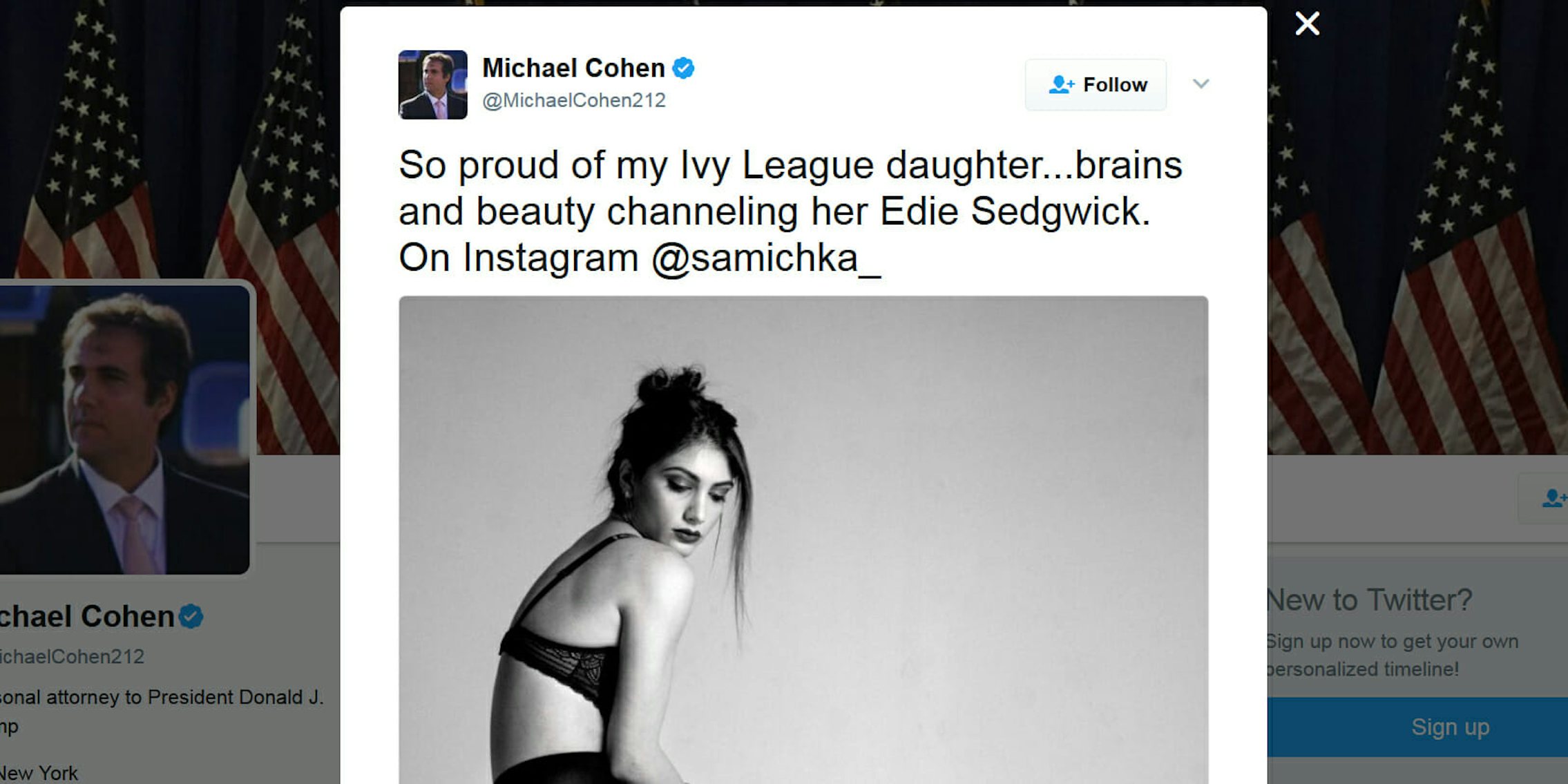 President Donald Trump's attorney Michael Cohen tweeted a photo of his daughter in lingerie.