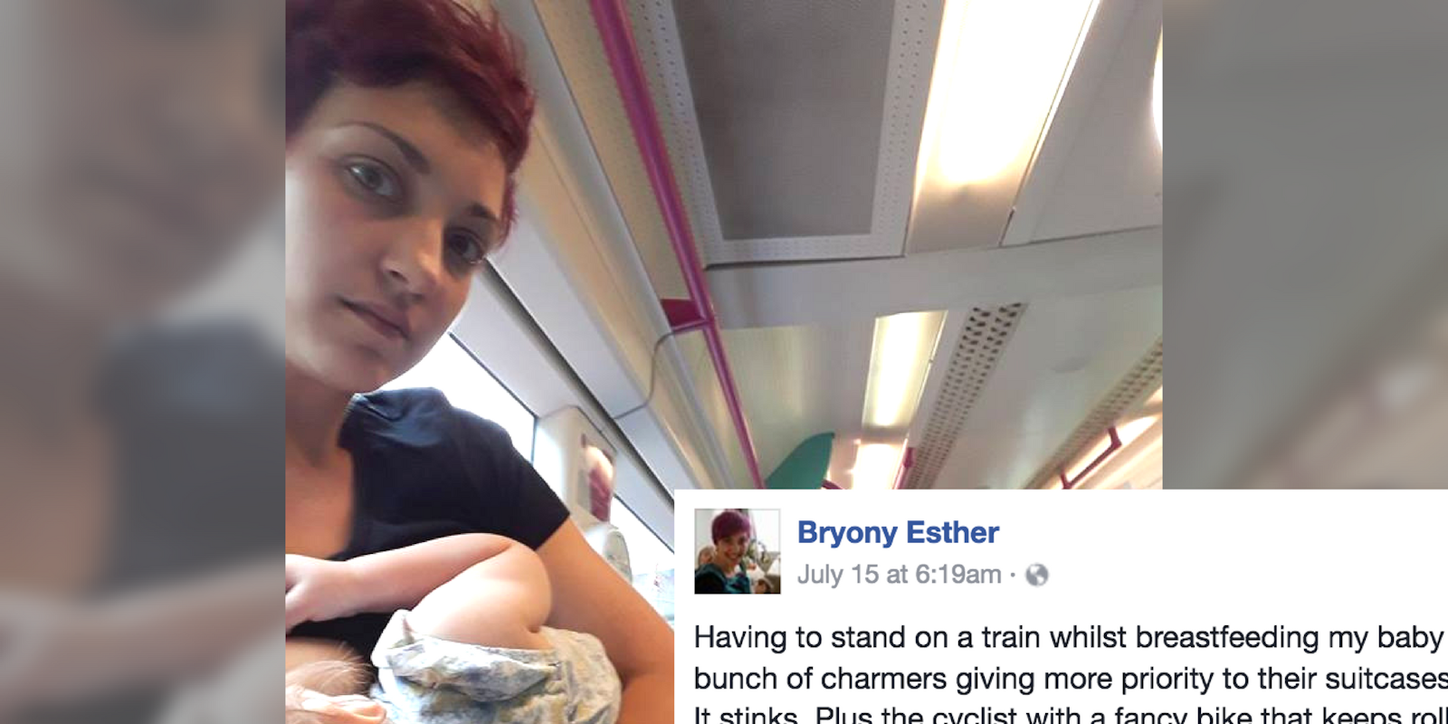 A breastfeeding woman on a packed train