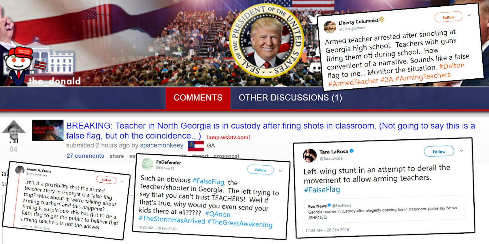 A teacher in Georgia was arrested on Wednesday after reports of shots being fired at a school. People on Twitter are already calling it a 'false flag,' in light of Trump's suggestion to arm teachers in the wake of the Parkland shooting.