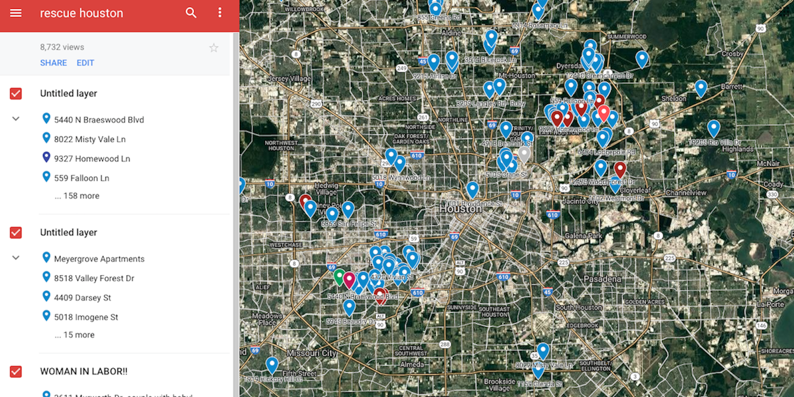 Rescue Houston map screen grab