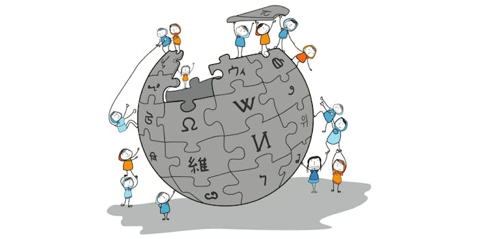 An illustration of women pulling each other up on top of the Wikipedia logo to help fill the spaces where they're not represented for wikipedia's #Wiki4Women campaign.
