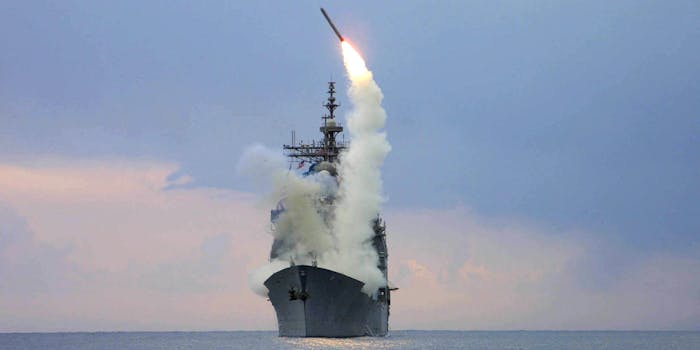A Tomahawk missile is launched from the guided missile cruiser USS Cape St. George