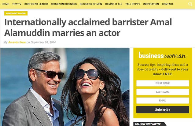 Screenshot of business woman media article. The headline reads "Internationally acclaimed barrister Amal Alamuddin marries an actor."