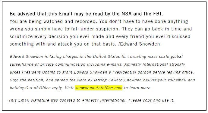 Personal email message from Edward Snowden