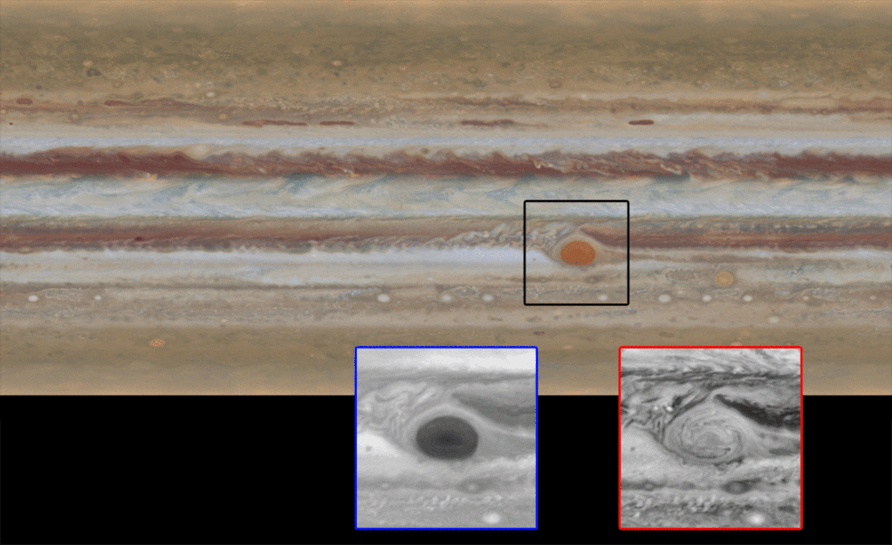 NASA caption: The movement of Jupiter’s clouds can be seen by comparing the first map to the second one. Zooming in on the Great Red Spot at blue (left) and red (right) wavelengths reveals a unique filamentary feature not previously seen.