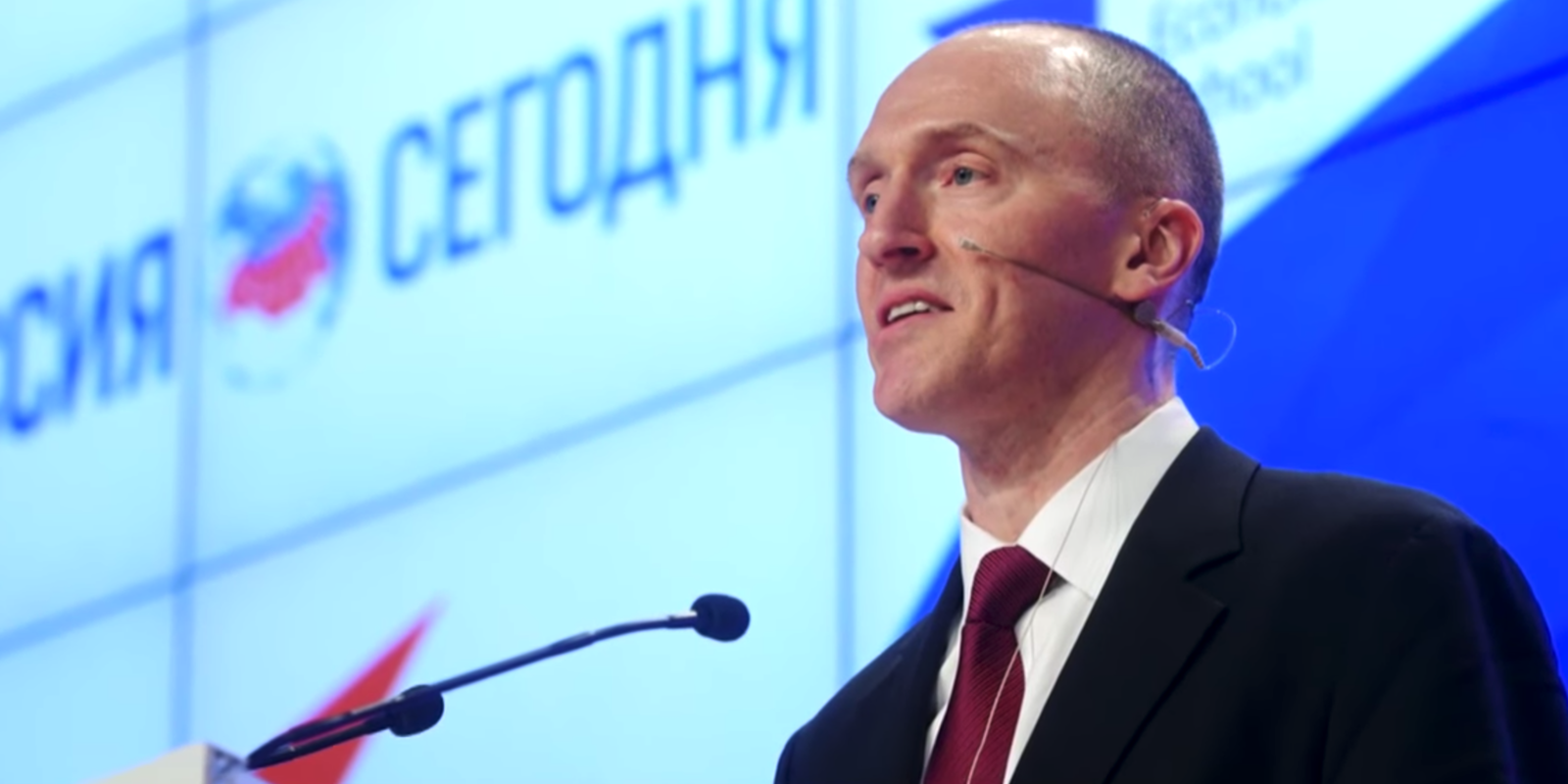 Former Trump campaign advisor Carter Page giving a speech in Moscow.