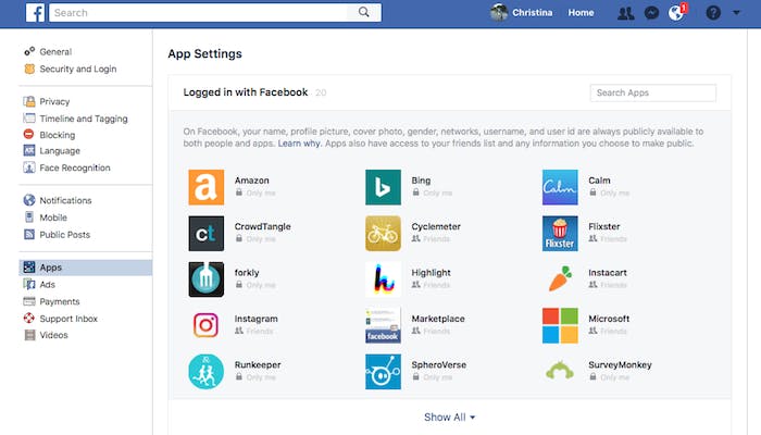Facebook app settings menu