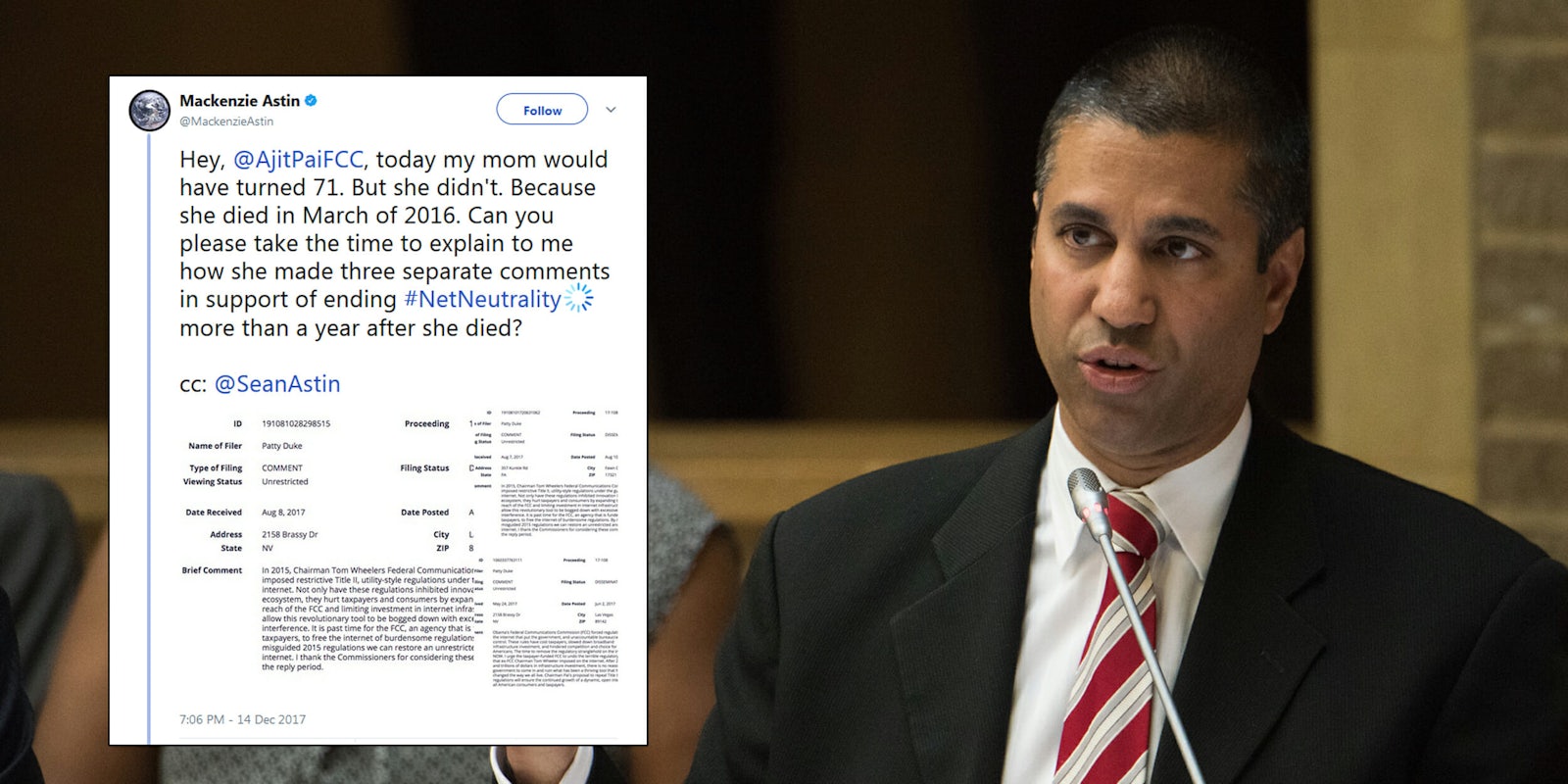 One Twitter user has exemplified the curious nature of fraudulent comments left on the Federal Communications Commission's (FCC) website in favor of repealing net neutrality rules by posting three comments that were posted in the name of her dead mother.